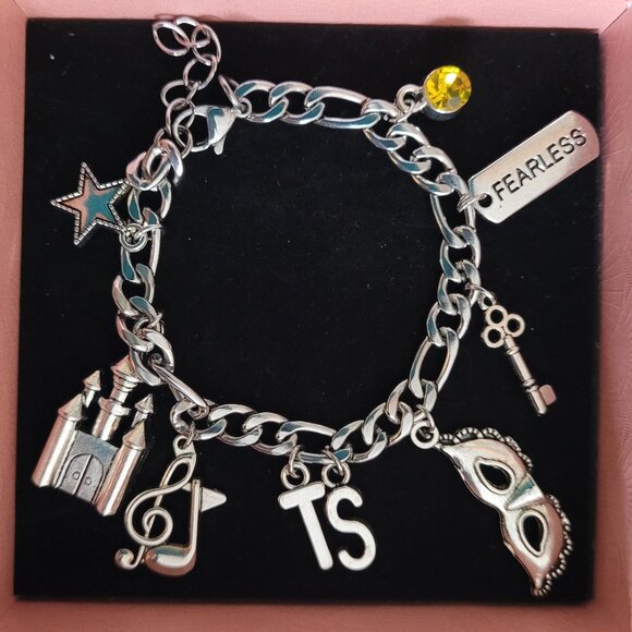 Taylor Swift's " Fearless Eras" Inspired Figaro Stainless Steel Charm Bracelet - Picture 1 of 3